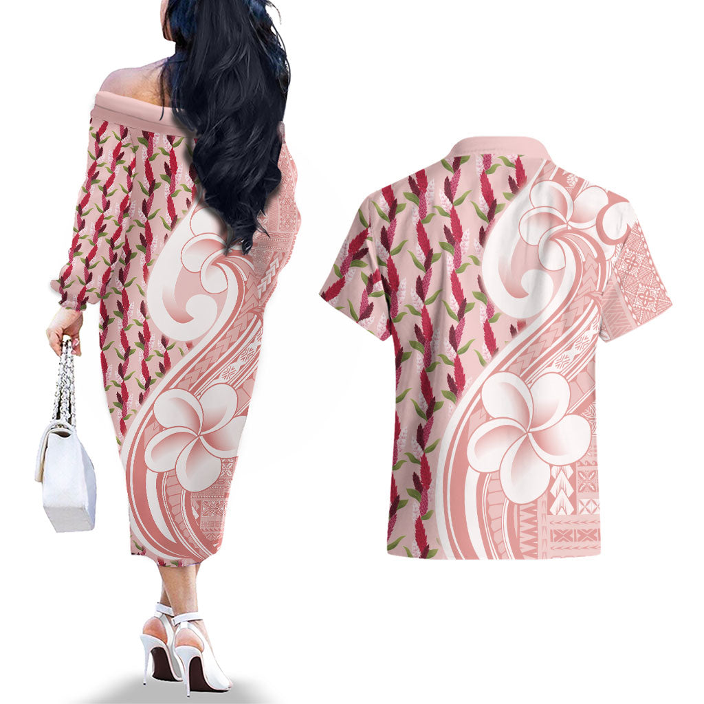 Samoa Teuila Couples Matching Off The Shoulder Long Sleeve Dress and Hawaiian Shirt Pink Samoan Siapo Motifs
