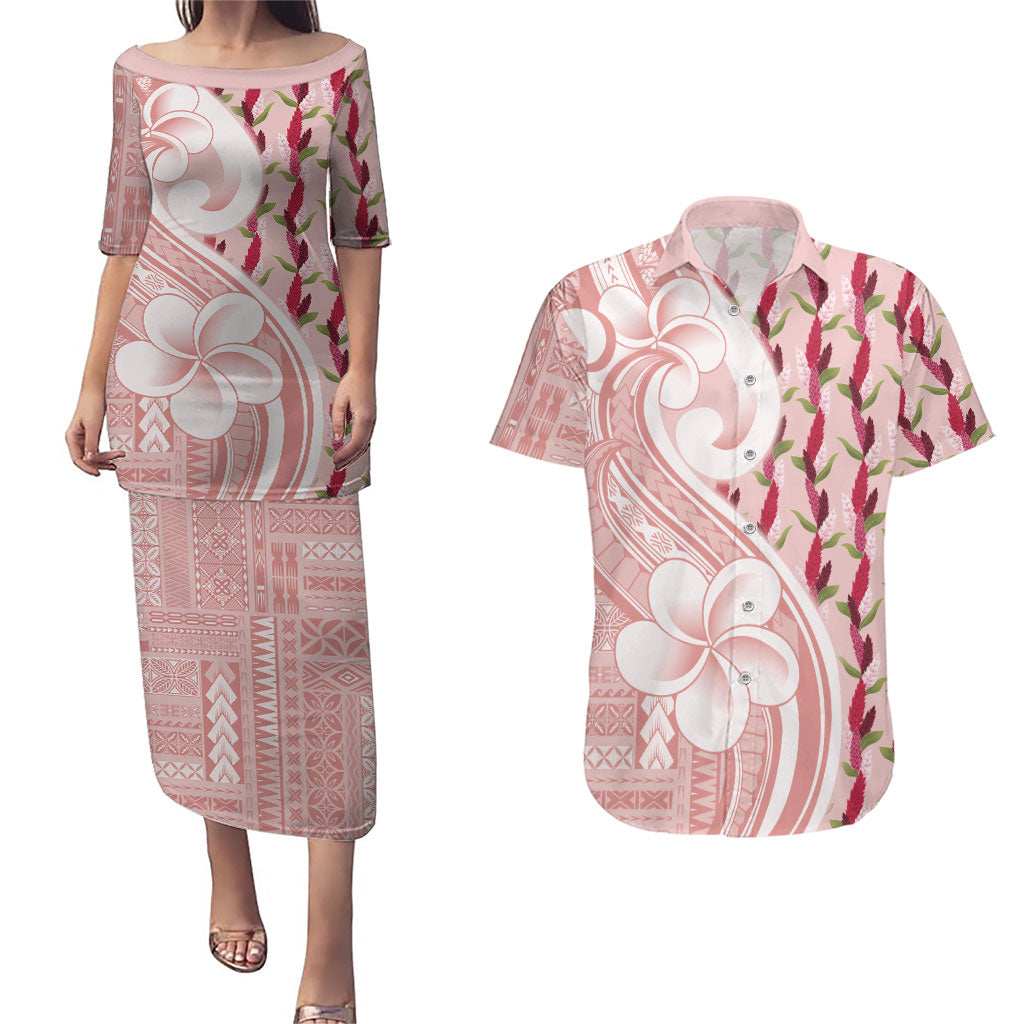 Samoa Teuila Couples Matching Puletasi and Hawaiian Shirt Pink Samoan Siapo Motifs