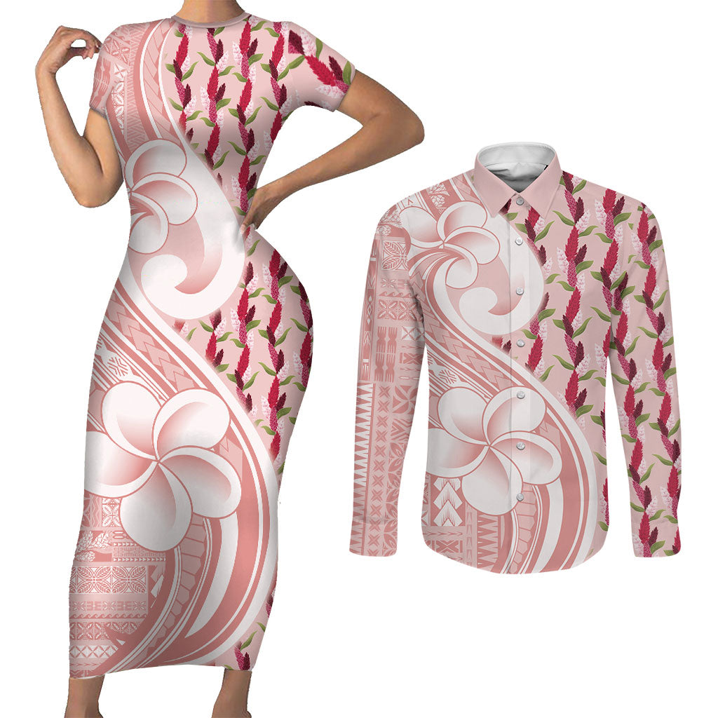 Samoa Teuila Couples Matching Short Sleeve Bodycon Dress and Long Sleeve Button Shirt Pink Samoan Siapo Motifs LT05 Pink - Polynesian Pride