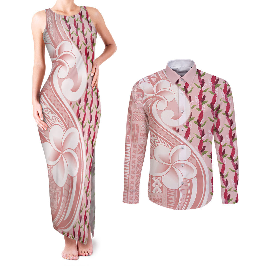 Samoa Teuila Couples Matching Tank Maxi Dress and Long Sleeve Button Shirt Pink Samoan Siapo Motifs LT05 Pink - Polynesian Pride