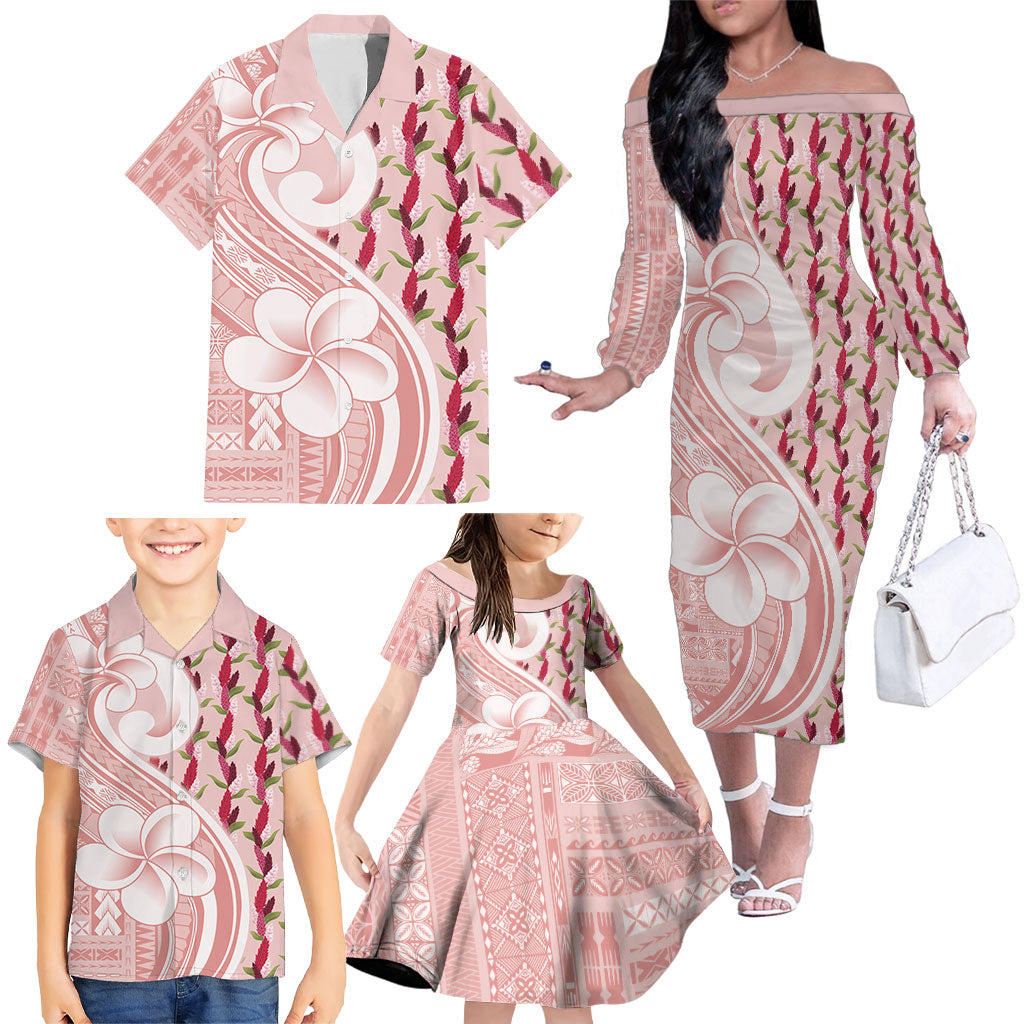 Samoa Teuila Family Matching Off The Shoulder Long Sleeve Dress and Hawaiian Shirt Pink Samoan Siapo Motifs