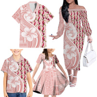 Samoa Teuila Family Matching Off The Shoulder Long Sleeve Dress and Hawaiian Shirt Pink Samoan Siapo Motifs