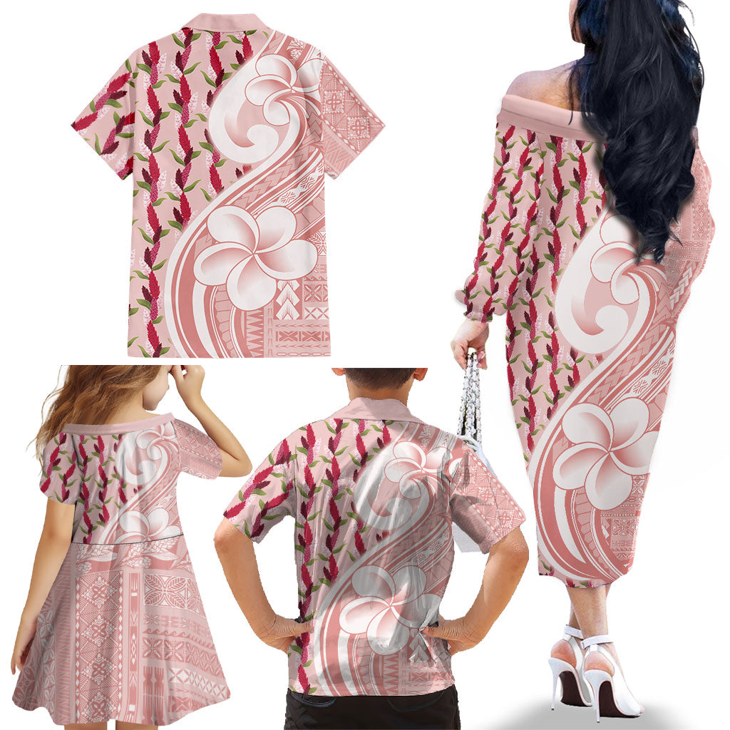 Samoa Teuila Family Matching Off The Shoulder Long Sleeve Dress and Hawaiian Shirt Pink Samoan Siapo Motifs