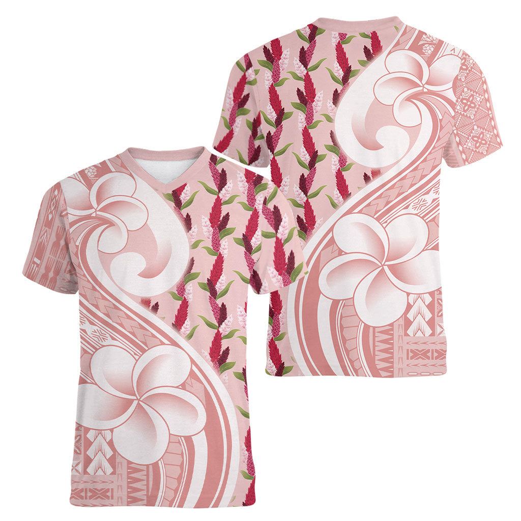 Samoa Teuila Women V-Neck T-Shirt Pink Samoan Siapo Motifs