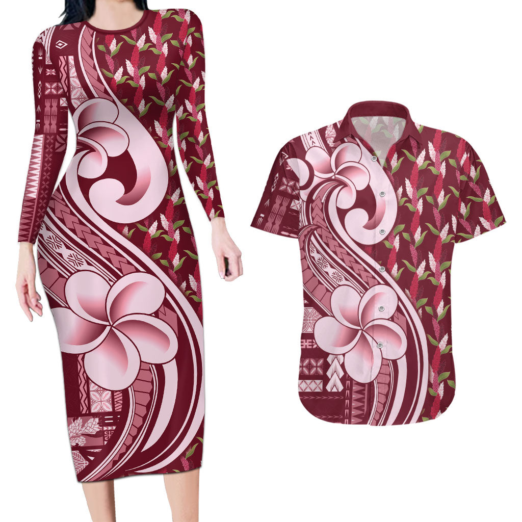 Samoa Teuila Couples Matching Long Sleeve Bodycon Dress and Hawaiian Shirt Maroon Samoan Siapo Motifs