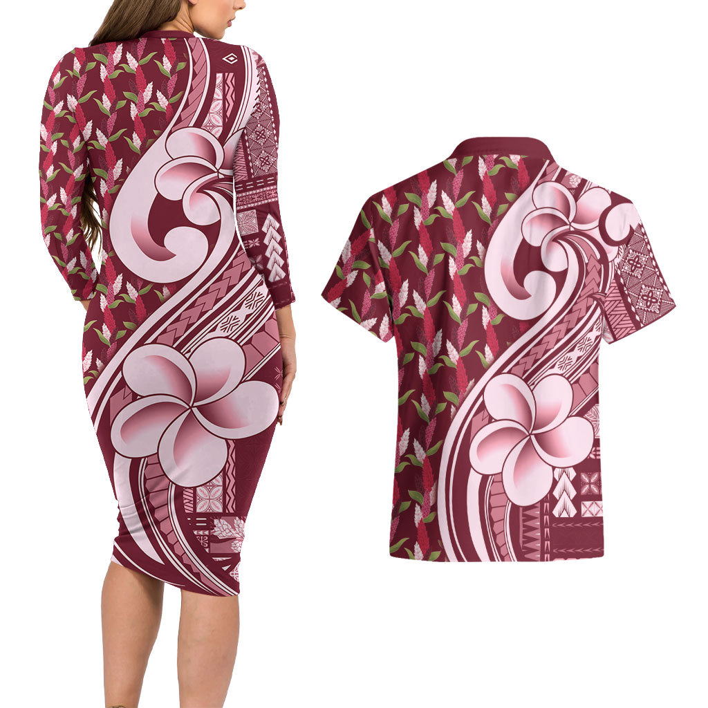 Samoa Teuila Couples Matching Long Sleeve Bodycon Dress and Hawaiian Shirt Maroon Samoan Siapo Motifs