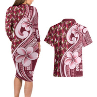 Samoa Teuila Couples Matching Long Sleeve Bodycon Dress and Hawaiian Shirt Maroon Samoan Siapo Motifs