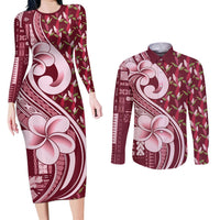 Samoa Teuila Couples Matching Long Sleeve Bodycon Dress and Long Sleeve Button Shirt Maroon Samoan Siapo Motifs