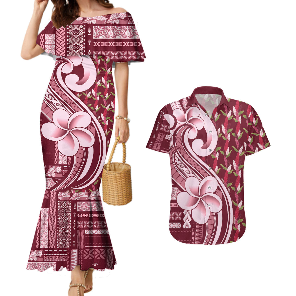 Samoa Teuila Couples Matching Mermaid Dress and Hawaiian Shirt Maroon Samoan Siapo Motifs