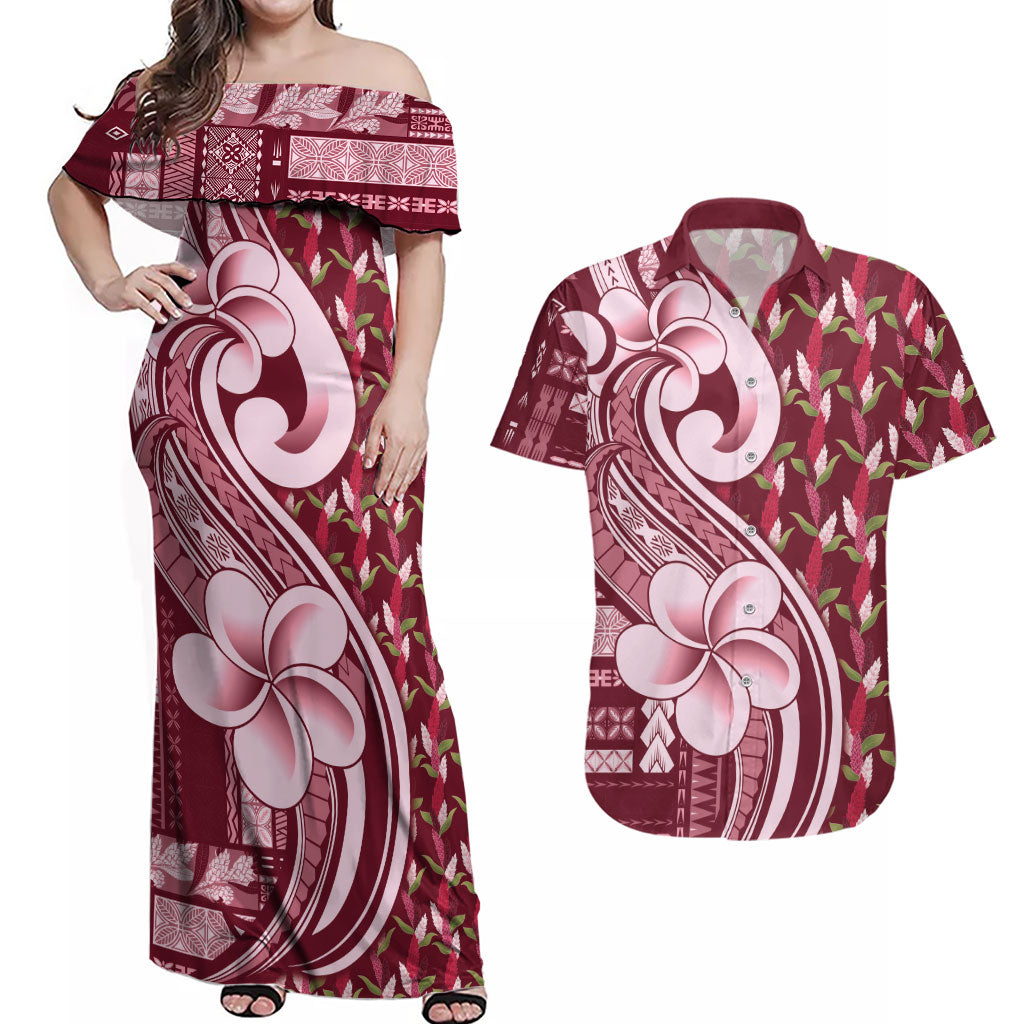 Samoa Teuila Couples Matching Off Shoulder Maxi Dress and Hawaiian Shirt Maroon Samoan Siapo Motifs