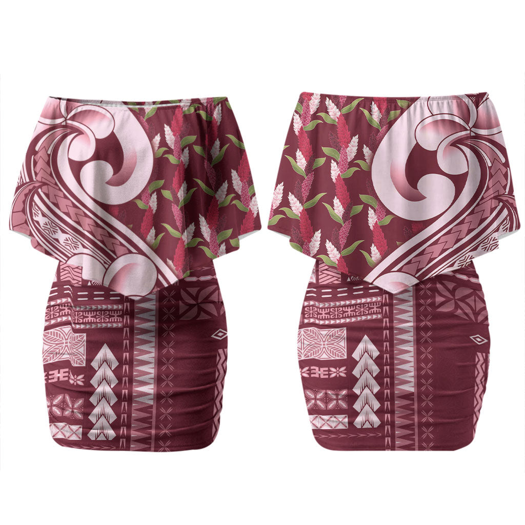 Samoa Teuila Couples Matching Off Shoulder Short Dress and Long Sleeve Button Shirt Maroon Samoan Siapo Motifs LT05 - Polynesian Pride