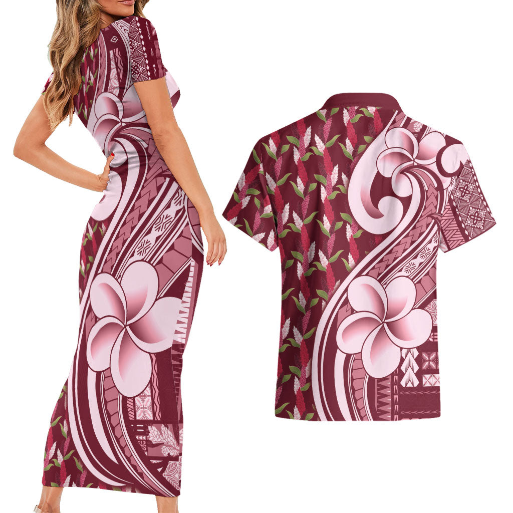Samoa Teuila Couples Matching Short Sleeve Bodycon Dress and Hawaiian Shirt Maroon Samoan Siapo Motifs