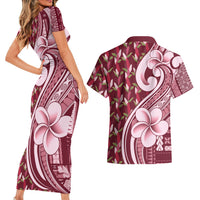 Samoa Teuila Couples Matching Short Sleeve Bodycon Dress and Hawaiian Shirt Maroon Samoan Siapo Motifs