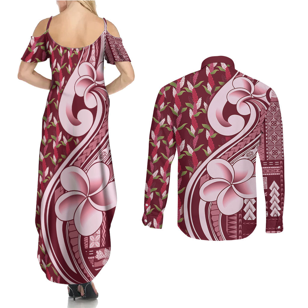 Samoa Teuila Couples Matching Summer Maxi Dress and Long Sleeve Button Shirt Maroon Samoan Siapo Motifs