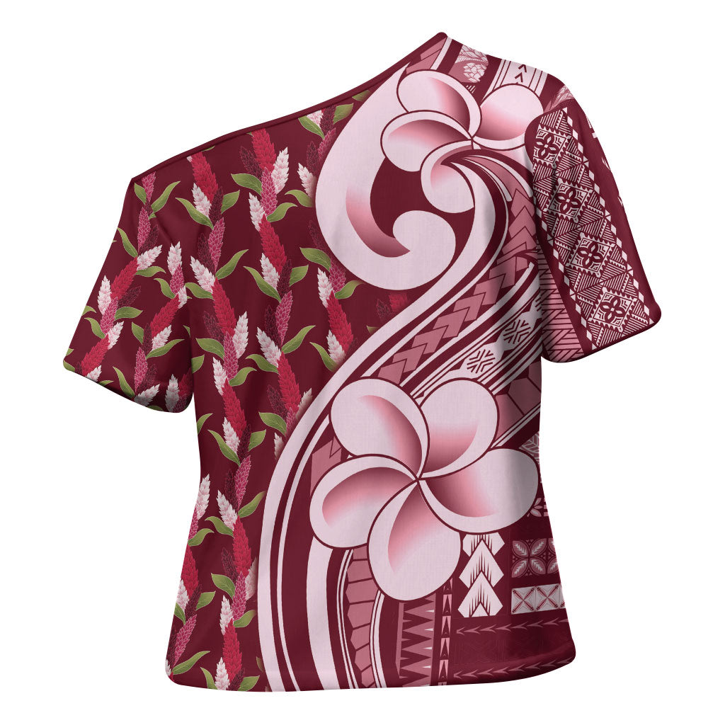 Samoa Teuila Cross Shoulder Shirt Maroon Samoan Siapo Motifs