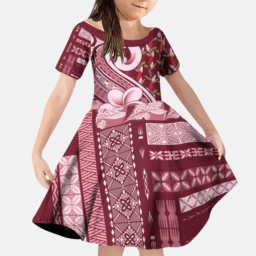 Samoa Teuila Family Matching Long Sleeve Bodycon Dress and Hawaiian Shirt Maroon Samoan Siapo Motifs