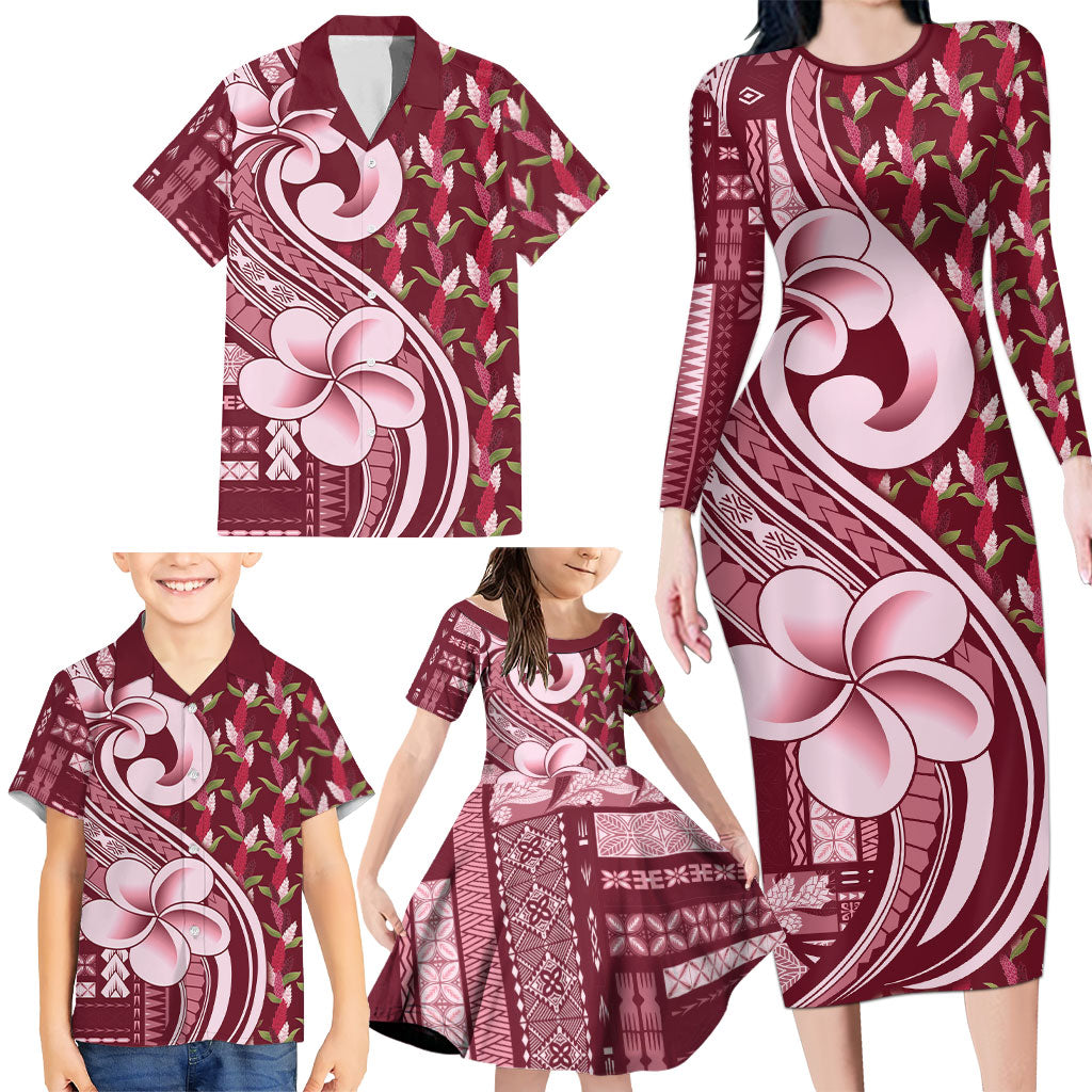 Samoa Teuila Family Matching Long Sleeve Bodycon Dress and Hawaiian Shirt Maroon Samoan Siapo Motifs LT05 - Polynesian Pride