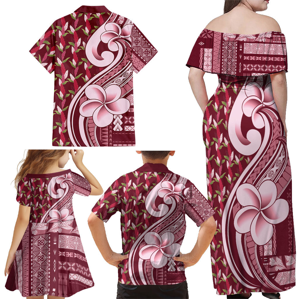 Samoa Teuila Family Matching Off Shoulder Maxi Dress and Hawaiian Shirt Maroon Samoan Siapo Motifs