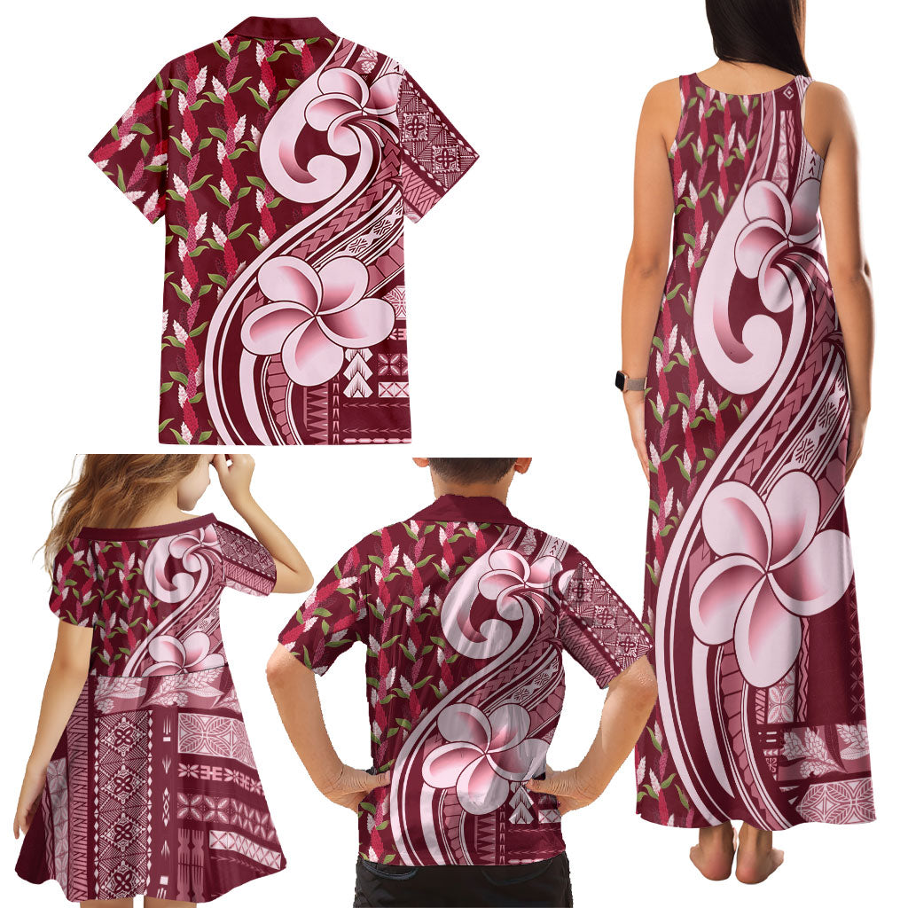Samoa Teuila Family Matching Tank Maxi Dress and Hawaiian Shirt Maroon Samoan Siapo Motifs