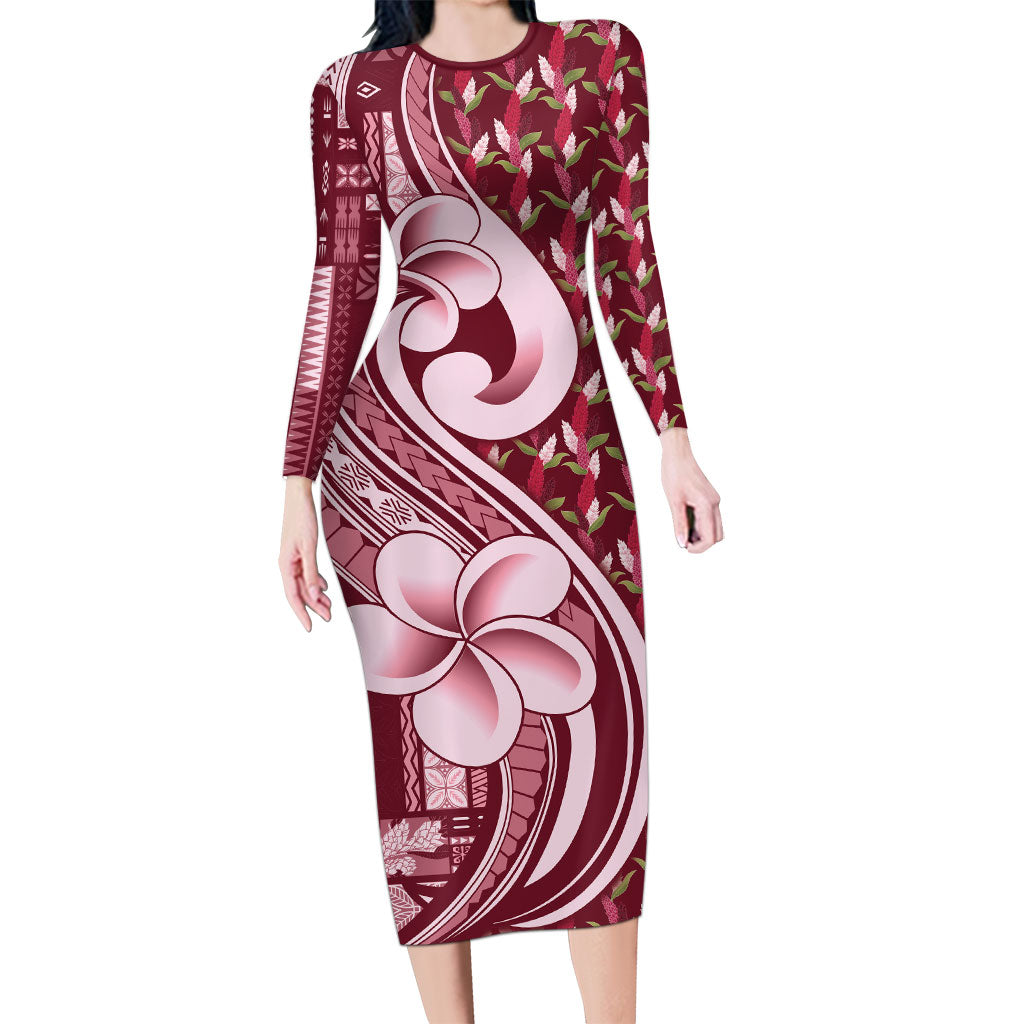 Samoa Teuila Long Sleeve Bodycon Dress Maroon Samoan Siapo Motifs LT05 Long Dress Maroon - Polynesian Pride