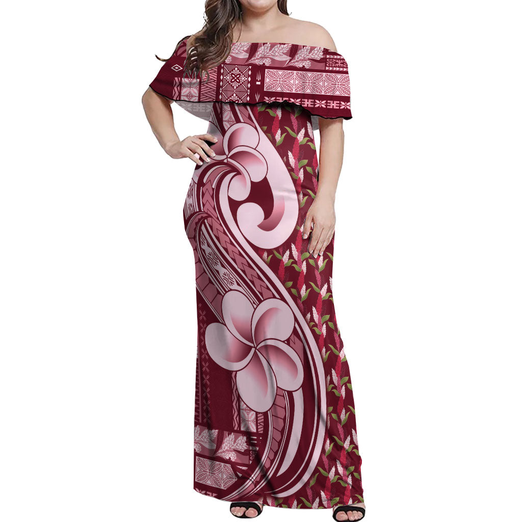 Samoa Teuila Off Shoulder Maxi Dress Maroon Samoan Siapo Motifs LT05 Women Maroon - Polynesian Pride
