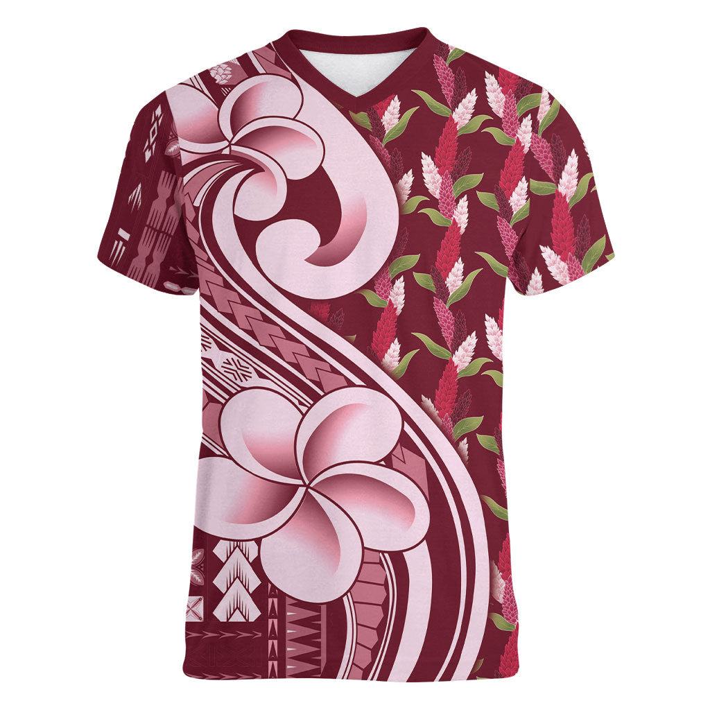 Samoa Teuila Women V-Neck T-Shirt Maroon Samoan Siapo Motifs LT05 Female Maroon - Polynesian Pride