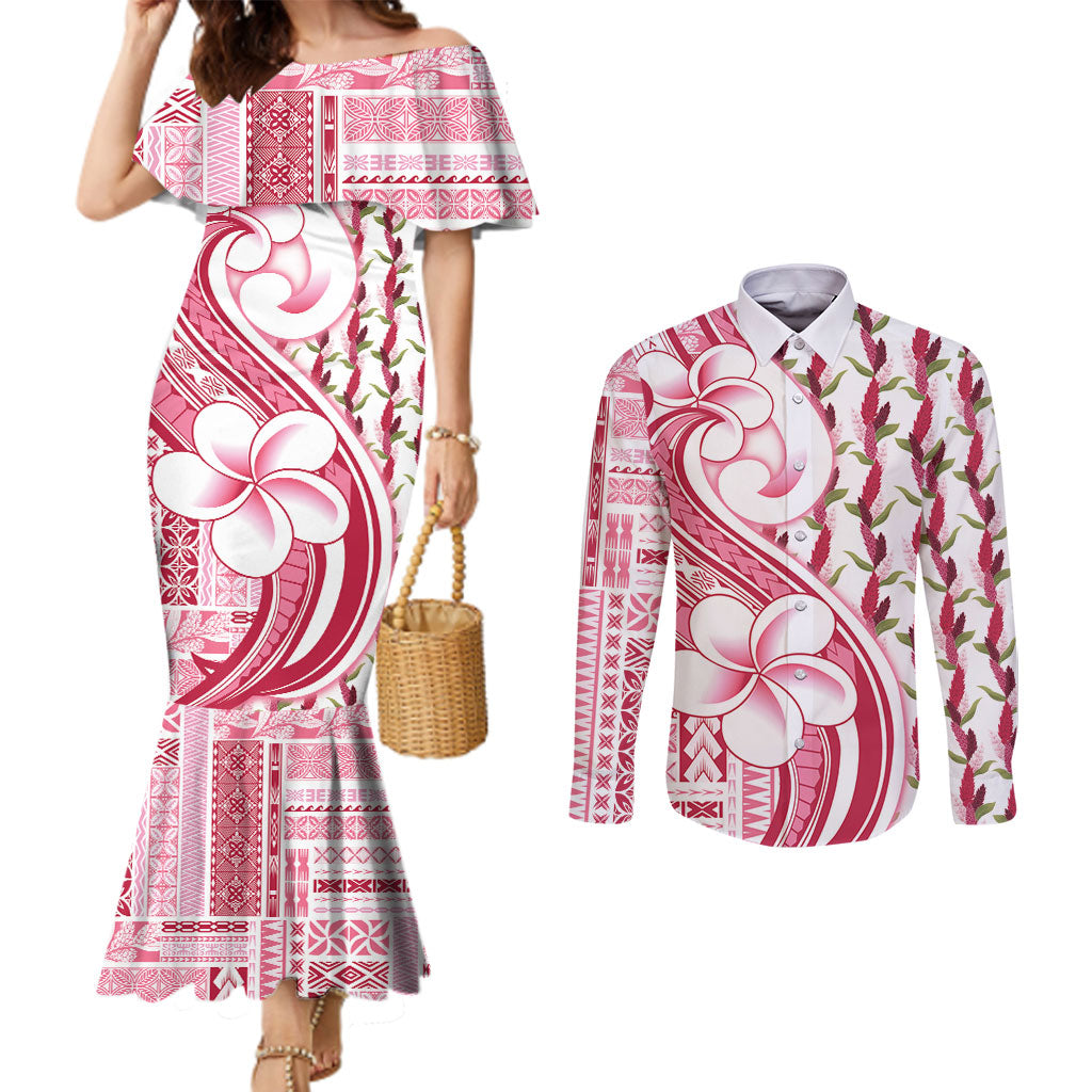 Samoa Teuila Couples Matching Mermaid Dress and Long Sleeve Button Shirt White Samoan Siapo Motifs LT05 White - Polynesian Pride