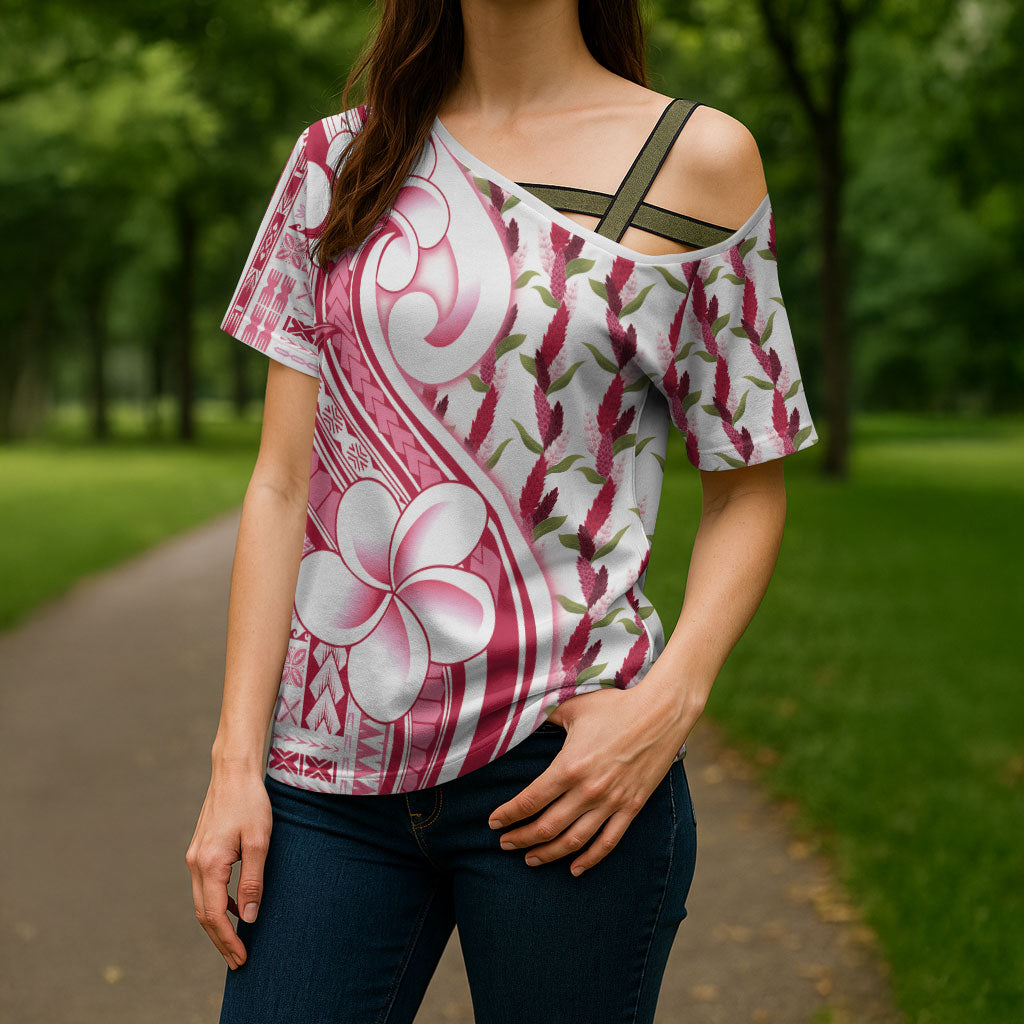Samoa Teuila Cross Shoulder Shirt White Samoan Siapo Motifs