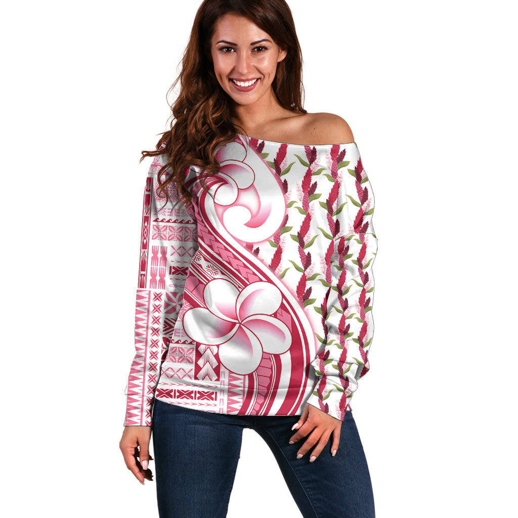 Samoa Teuila Off Shoulder Sweater White Samoan Siapo Motifs LT05 Women White - Polynesian Pride