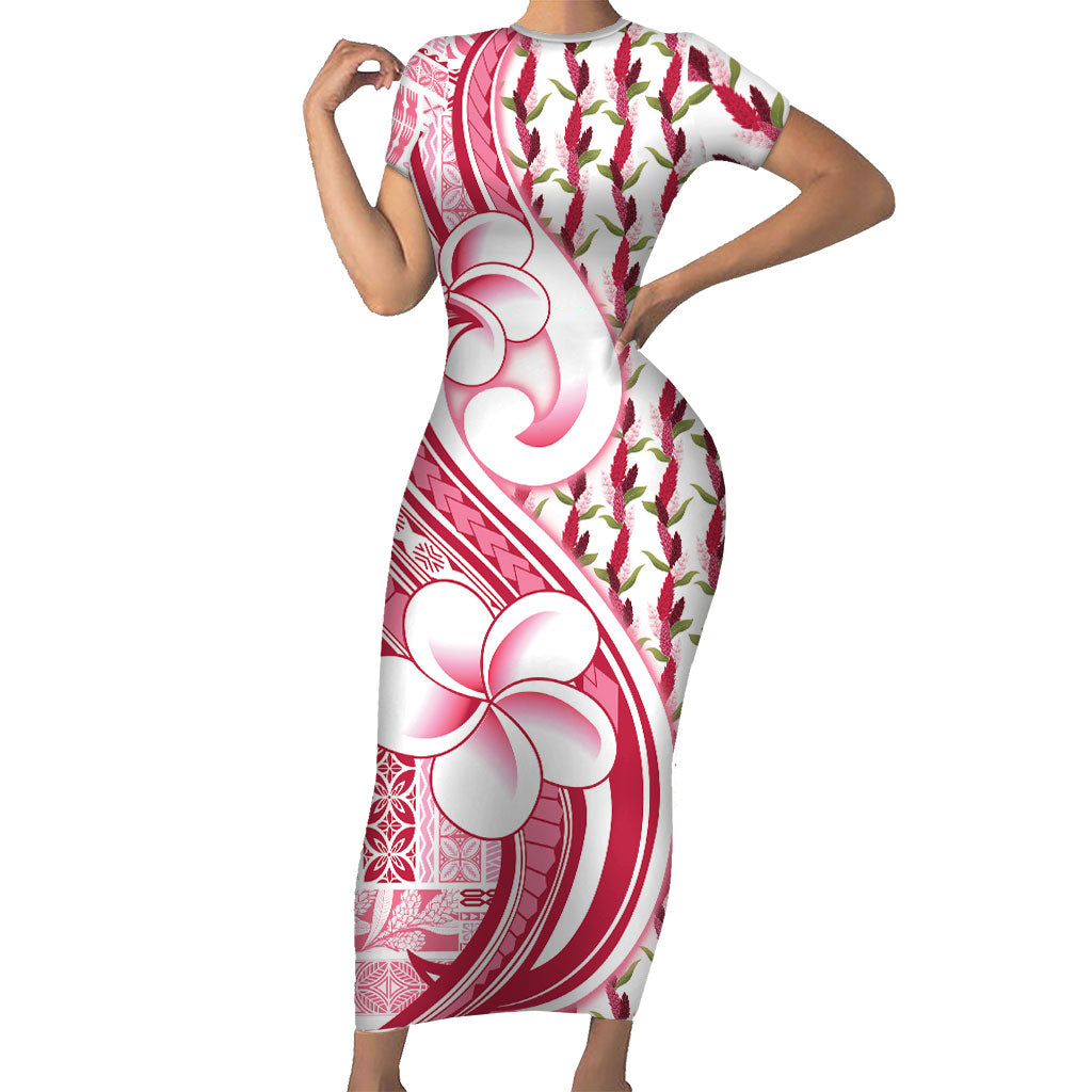 Samoa Teuila Short Sleeve Bodycon Dress White Samoan Siapo Motifs LT05 Long Dress White - Polynesian Pride