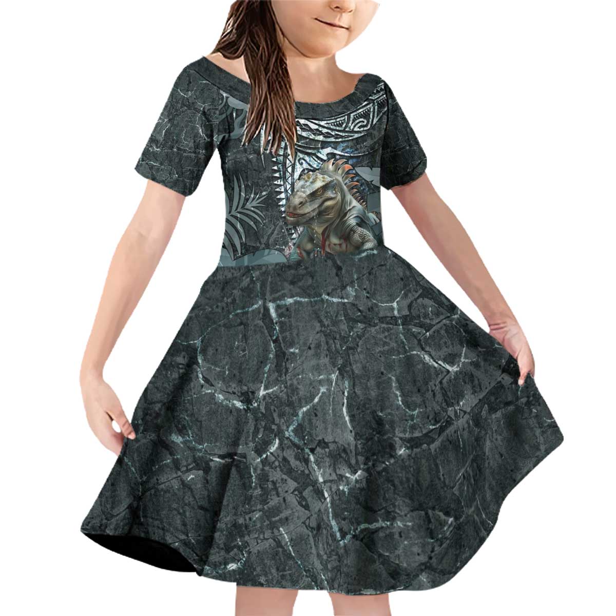 Hawaii Mo'o Lizard God Family Matching Off Shoulder Short Dress and Hawaiian Shirt Polynesian Style