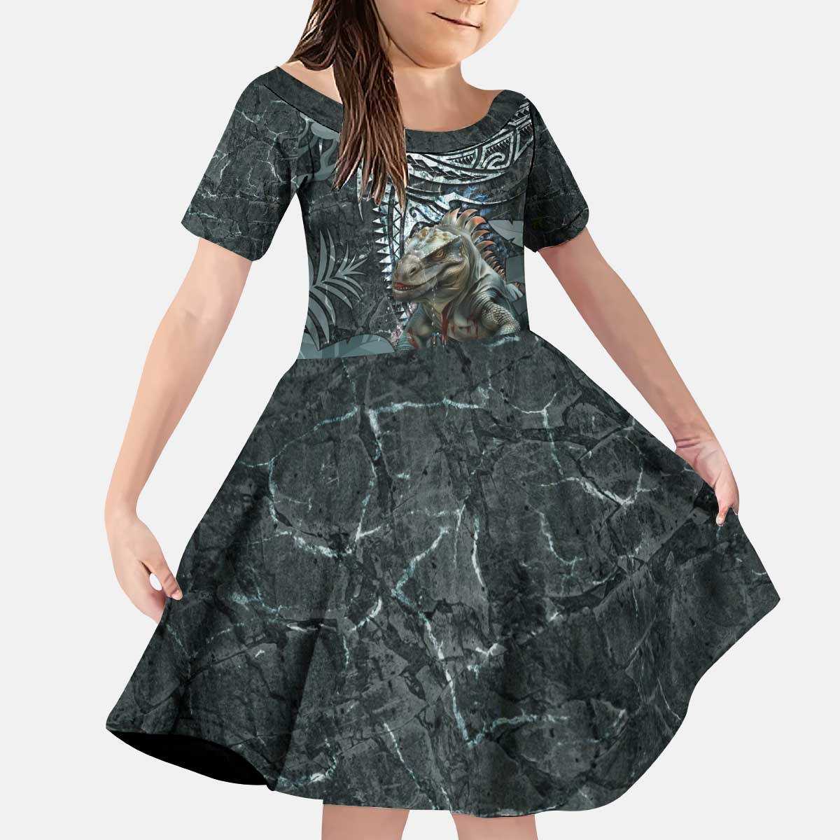 Hawaii Mo'o Lizard God Kid Short Sleeve Dress Polynesian Style