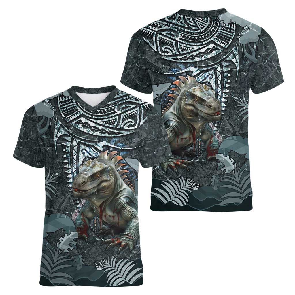 Hawaii Mo'o Lizard God Women V-Neck T-Shirt Polynesian Style