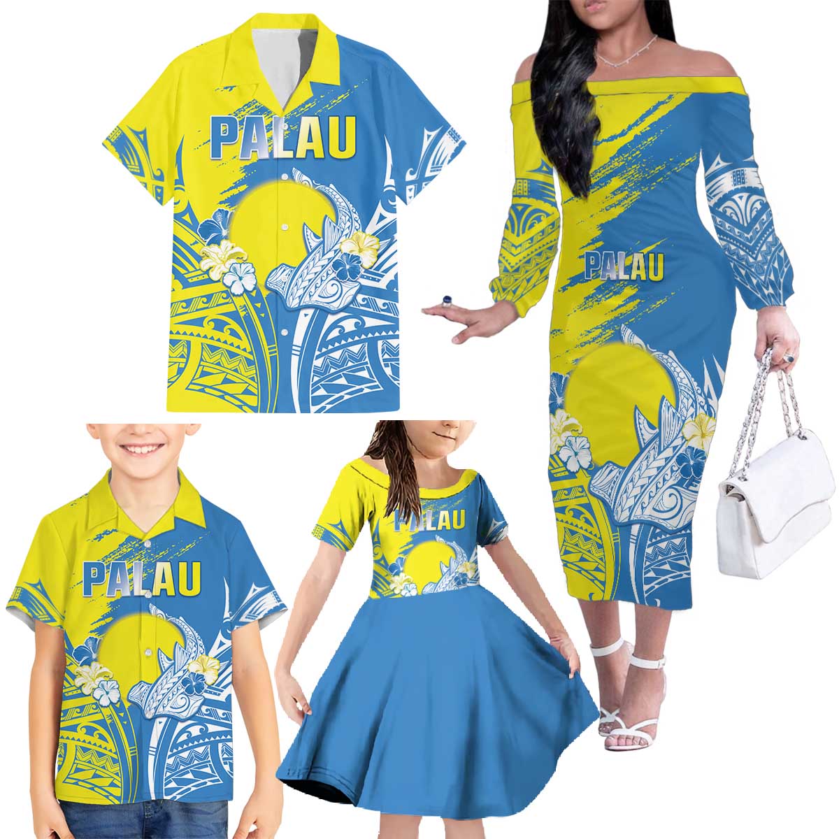 Palau Independence Day Family Matching Off The Shoulder Long Sleeve Dress and Hawaiian Shirt Happy 30th Anniversary LT05 - Polynesian Pride