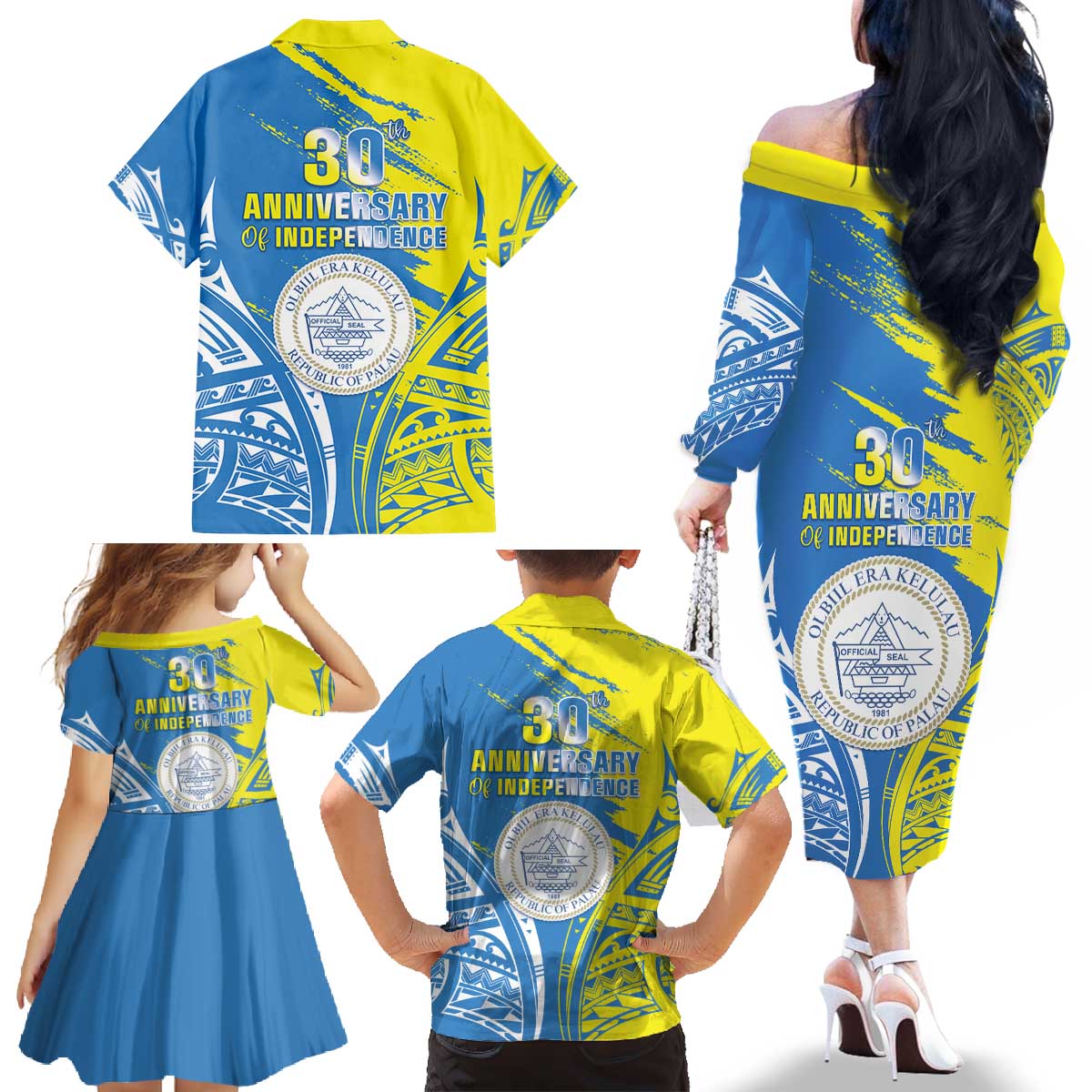 Palau Independence Day Family Matching Off The Shoulder Long Sleeve Dress and Hawaiian Shirt Happy 30th Anniversary LT05 - Polynesian Pride