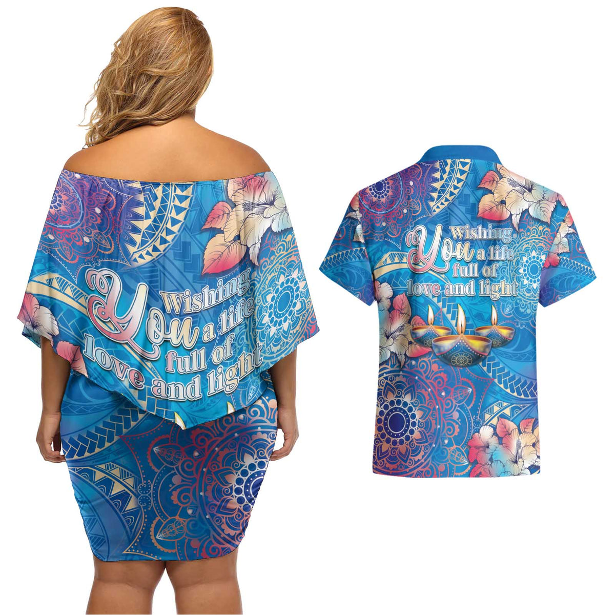 Happy Diwali Festival Couples Matching Off Shoulder Short Dress and Hawaiian Shirt Diya Lamp Rangoli With Polynesian Pattern