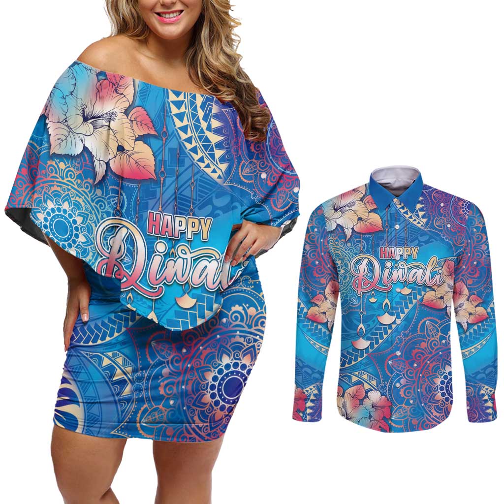 Happy Diwali Festival Couples Matching Off Shoulder Short Dress and Long Sleeve Button Shirt Diya Lamp Rangoli With Polynesian Pattern