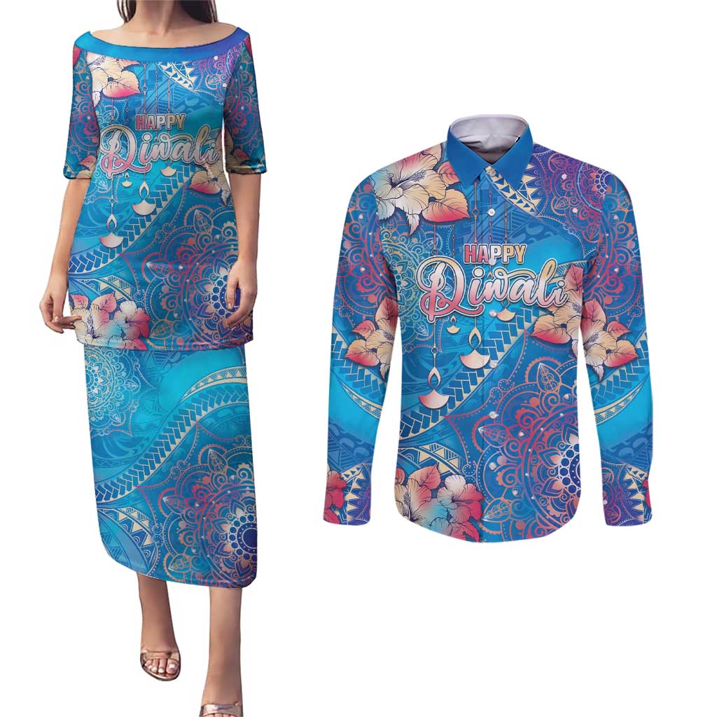 Happy Diwali Festival Couples Matching Puletasi and Long Sleeve Button Shirt Diya Lamp Rangoli With Polynesian Pattern