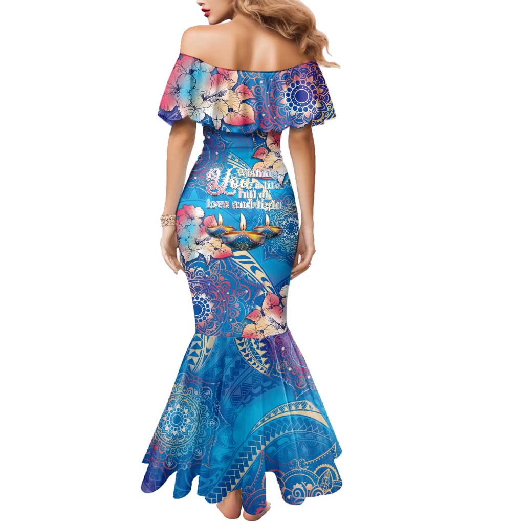 Happy Diwali Festival Family Matching Mermaid Dress and Hawaiian Shirt Diya Lamp Rangoli With Polynesian Pattern LT05 - Polynesian Pride