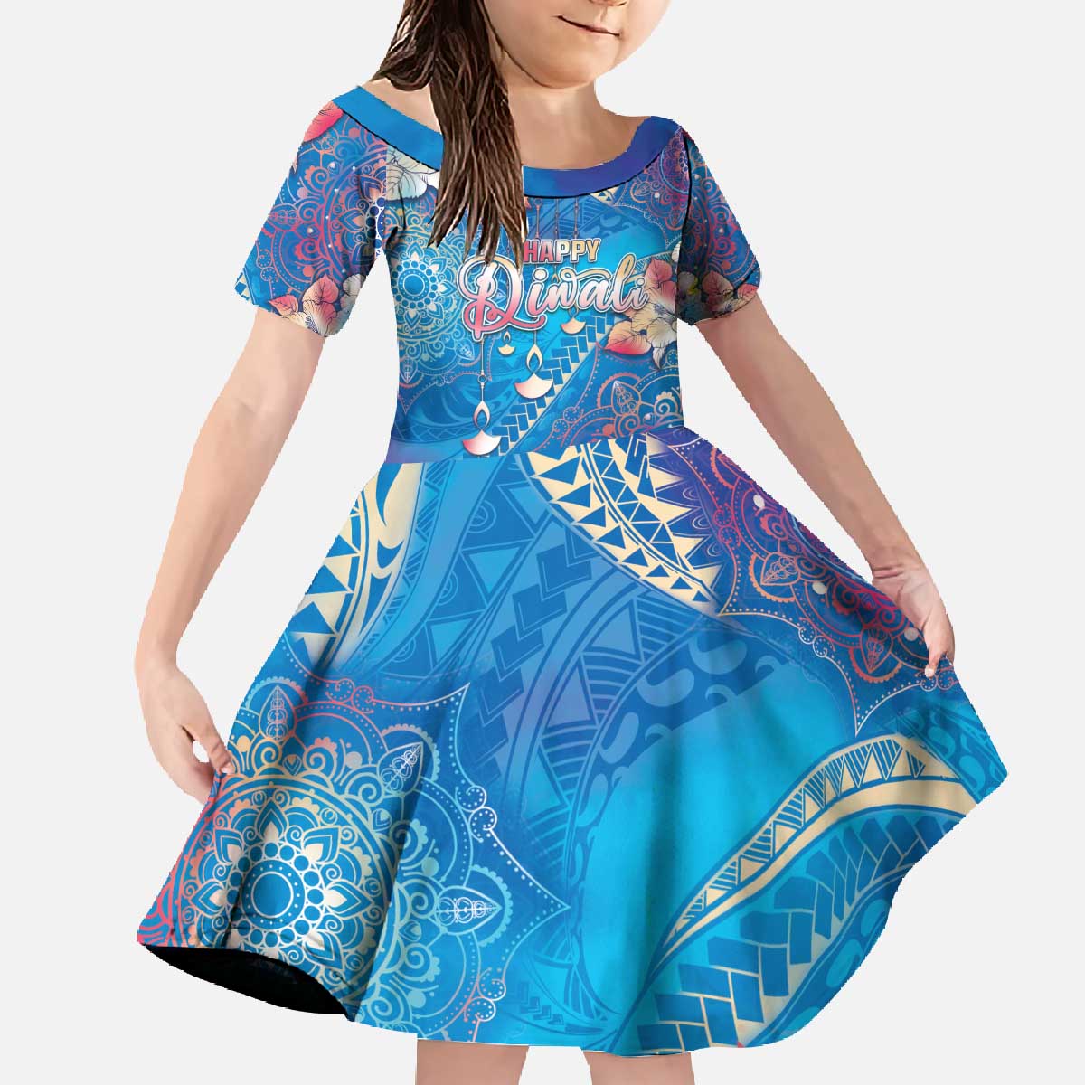 Happy Diwali Festival Family Matching Off The Shoulder Long Sleeve Dress and Hawaiian Shirt Diya Lamp Rangoli With Polynesian Pattern LT05 Daughter's Dress Blue - Polynesian Pride
