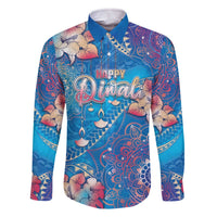 Happy Diwali Festival Family Matching Off The Shoulder Long Sleeve Dress and Hawaiian Shirt Diya Lamp Rangoli With Polynesian Pattern LT05 Dad's Shirt - Long Sleeve Blue - Polynesian Pride