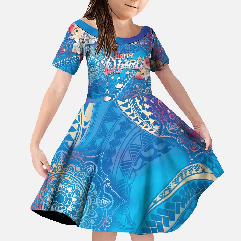 Happy Diwali Festival Family Matching Off Shoulder Maxi Dress and Hawaiian Shirt Diya Lamp Rangoli With Polynesian Pattern LT05 Daughter's Dress Blue - Polynesian Pride