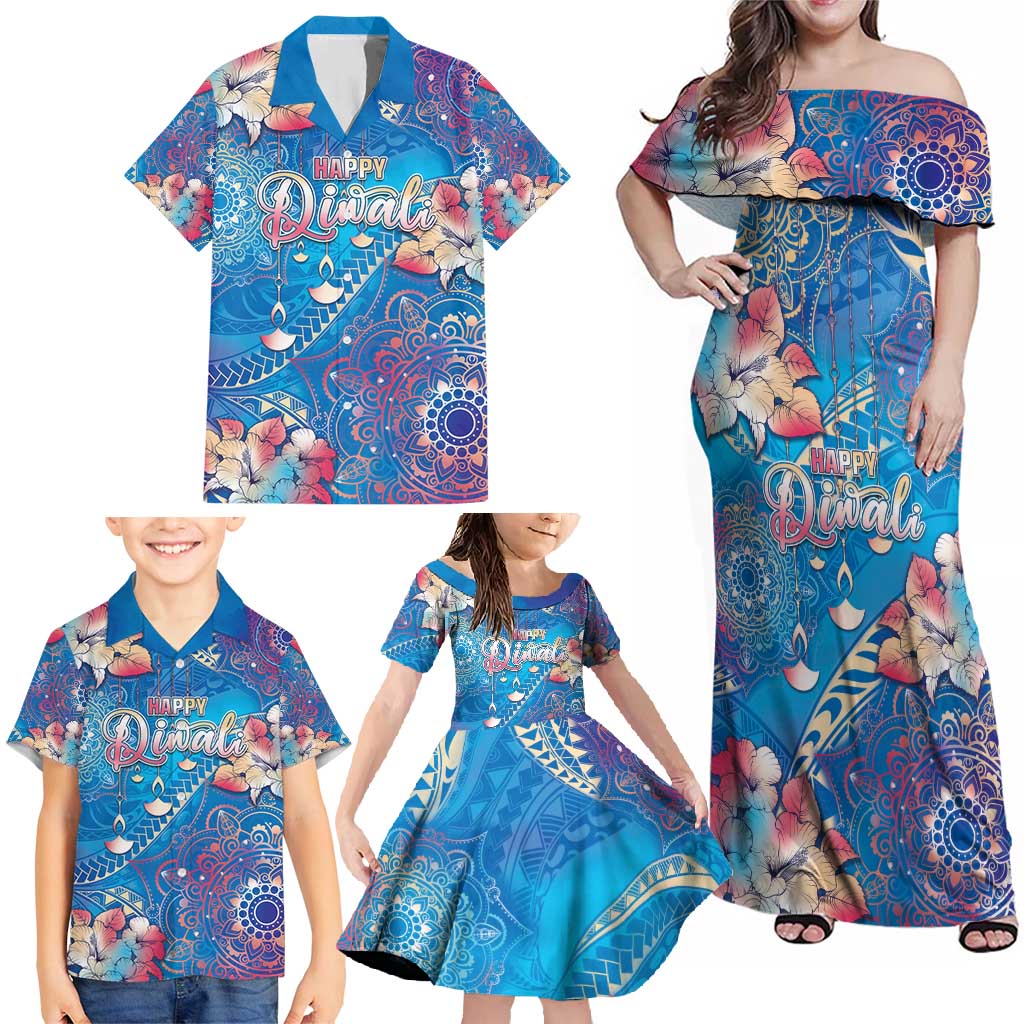 Happy Diwali Festival Family Matching Off Shoulder Maxi Dress and Hawaiian Shirt Diya Lamp Rangoli With Polynesian Pattern LT05 - Polynesian Pride