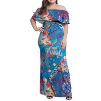 Happy Diwali Festival Family Matching Off Shoulder Maxi Dress and Hawaiian Shirt Diya Lamp Rangoli With Polynesian Pattern LT05 Mom's Dress Blue - Polynesian Pride