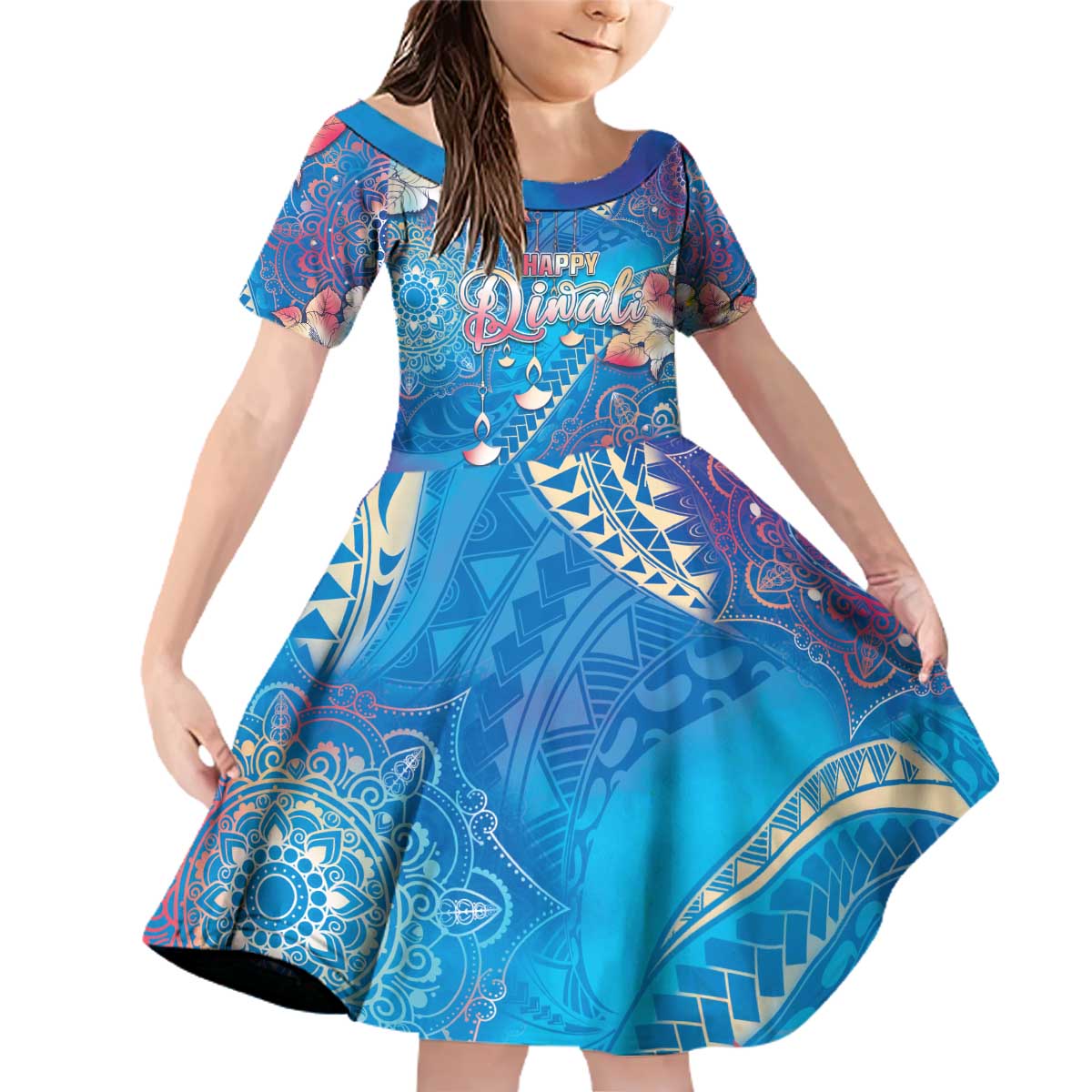 Happy Diwali Festival Family Matching Off Shoulder Short Dress and Hawaiian Shirt Diya Lamp Rangoli With Polynesian Pattern LT05 Daughter's Dress Blue - Polynesian Pride