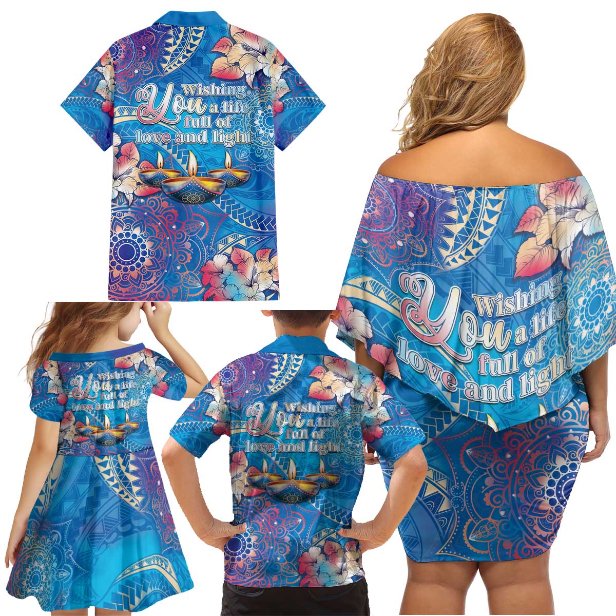 Happy Diwali Festival Family Matching Off Shoulder Short Dress and Hawaiian Shirt Diya Lamp Rangoli With Polynesian Pattern LT05 - Polynesian Pride
