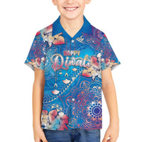Happy Diwali Festival Family Matching Off Shoulder Short Dress and Hawaiian Shirt Diya Lamp Rangoli With Polynesian Pattern LT05 Son's Shirt Blue - Polynesian Pride