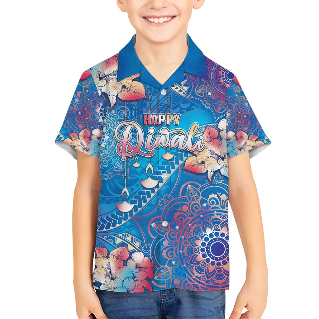 Happy Diwali Festival Family Matching Short Sleeve Bodycon Dress and Hawaiian Shirt Diya Lamp Rangoli With Polynesian Pattern LT05 Son's Shirt Blue - Polynesian Pride