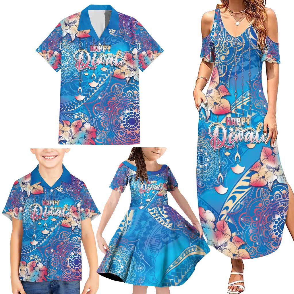 Happy Diwali Festival Family Matching Summer Maxi Dress and Hawaiian Shirt Diya Lamp Rangoli With Polynesian Pattern LT05 - Polynesian Pride