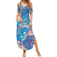 Happy Diwali Festival Family Matching Summer Maxi Dress and Hawaiian Shirt Diya Lamp Rangoli With Polynesian Pattern LT05 Mom's Dress Blue - Polynesian Pride